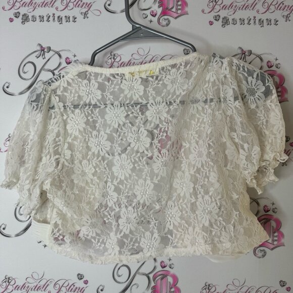 Shrug pearls white cream Lacie mini top Chic Lace Blouse with Pearl Accents - Picture 2 of 5